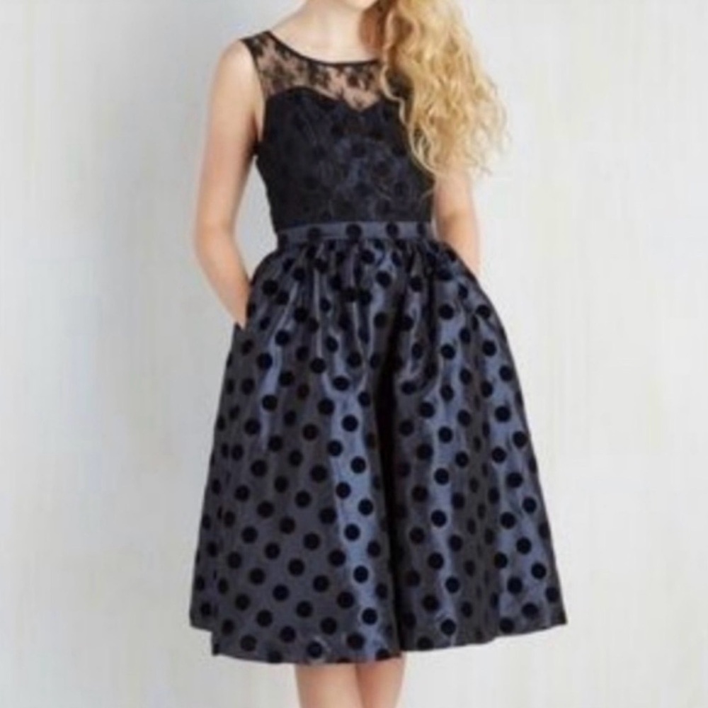 ModCloth Black Navy Polka Dot Fit & Flare Party Dress Lace Yoke | 3X